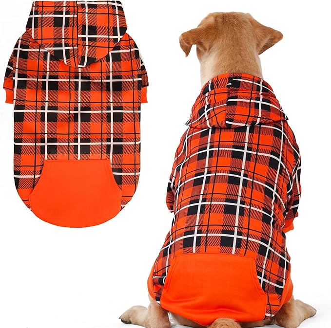 EXPAWLORER Plaid Dog Hoodie - British Style Warm Dog Sweater Shirt with Leash Hole,Pitbull Clothes Outfits,Winter Coat Apparel for All Breeds Puppy Girl Boy-Cat Apparel,Orange XX-Large
