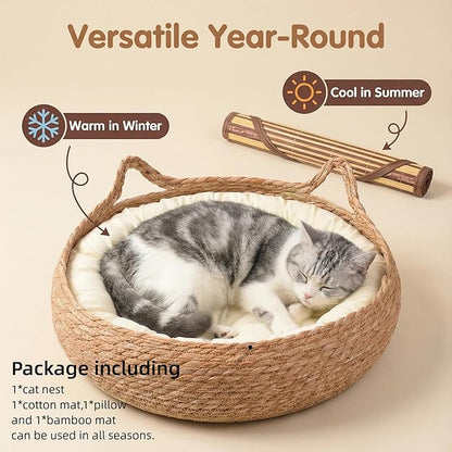 17" Woven Cat Basket Bed for Cats, Pet House with Cooling Mat & Soft Cushion for All Seasons - Washable, Handmade Braided Cattail Leaf, Boho Style, Cream White