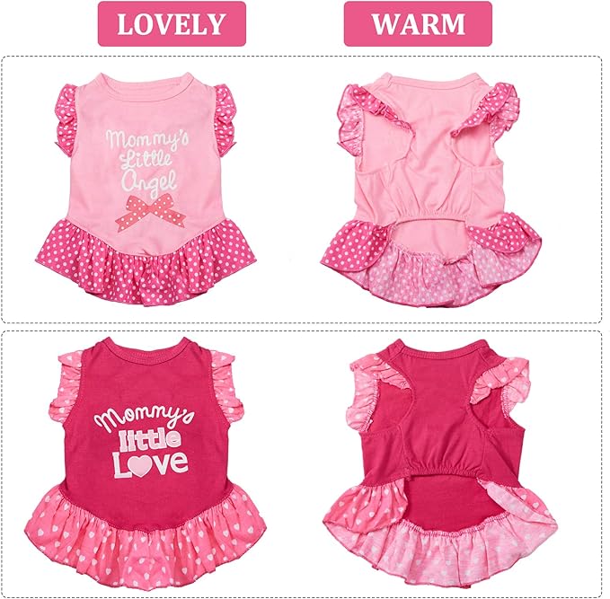2 Pieces Dog Dresses for Dogs Cute Girl Female pet Dress Mommy Puppy Shirt Skirt Dresses Pet Summer Clothes Apparel for Cats(Love and Angel,Large)