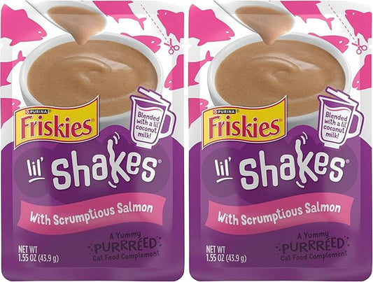 Friskies Purina Pureed Cat Food Topper,Lil’ Shakes with Scrumptious Salmon Lickable Cat Treats - 1.55 oz. Pouches,(Pack of 32)