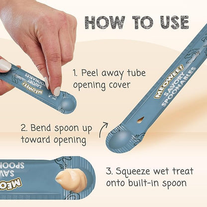 MEOWEE! Savory Spoonables Variety Pack, 12 Count Tube, Triple Flavor Squeezable Lickable Wet Treats for Cats with Built-in Spoon for Less Mess
