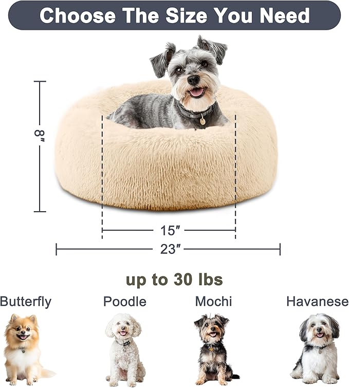 ELSKER&HOME Calming Dog & Cat Bed,Donut Washable Warming Soft Round 23 inches Dog Beds for Small Dogs,Anti-Anxiety Fluffy Plush Cushion Bed Fits up to 30 lbs Pets,Apricot