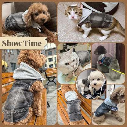 Cool Dog Jean Jacket Vest with D-Ring Black Denim Dogs Hoodies Outfits for Small Medium Dogs Cats Boy Male Dog Clothes Costume Dogggie Puppy Harness Coat for Frenchie Walking(Grey Hat,S)