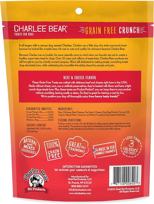 Charlee Bear Crunch Grain Free Dog Treats, Beef and Cheese, 8 Ounce Resealable Bag, Low Calorie Training Treats for Dogs, Limited Ingredient, Healthy, Crunchy Dog Snacks, Made in USA