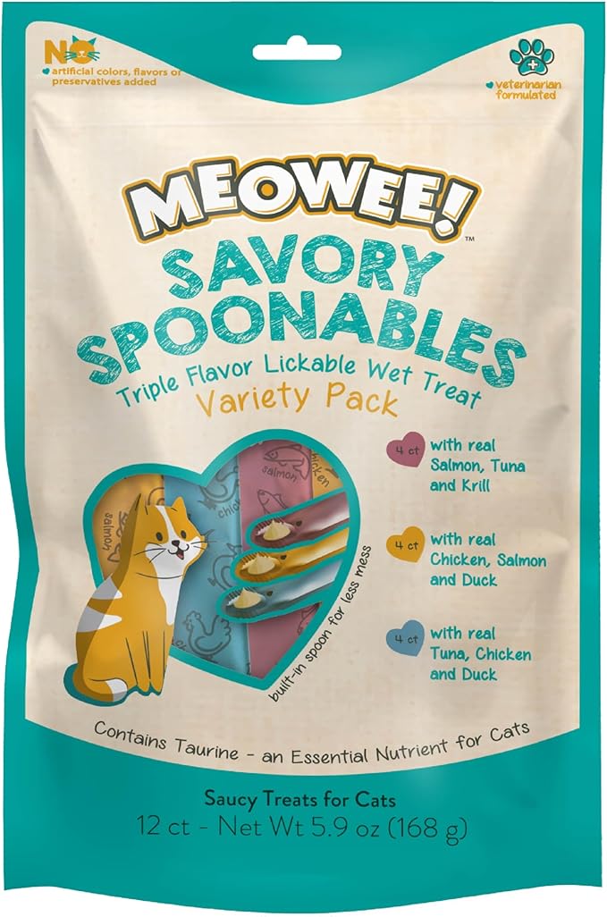 MEOWEE! Savory Spoonables Variety Pack, 12 Count Tube, Triple Flavor Squeezable Lickable Wet Treats for Cats with Built-in Spoon for Less Mess (Pack of 2)