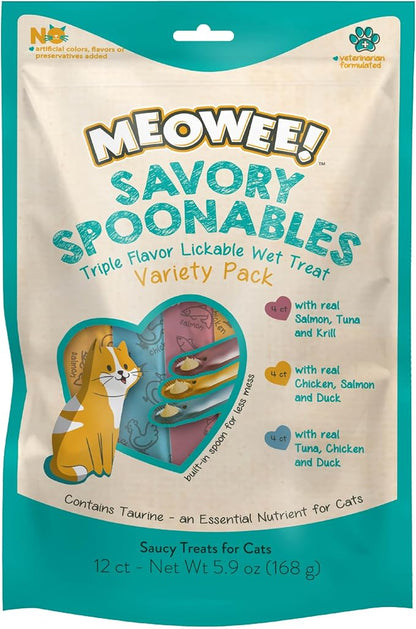 MEOWEE! Savory Spoonables Variety Pack, 12 Count Tube, Triple Flavor Squeezable Lickable Wet Treats for Cats with Built-in Spoon for Less Mess (Pack of 2)