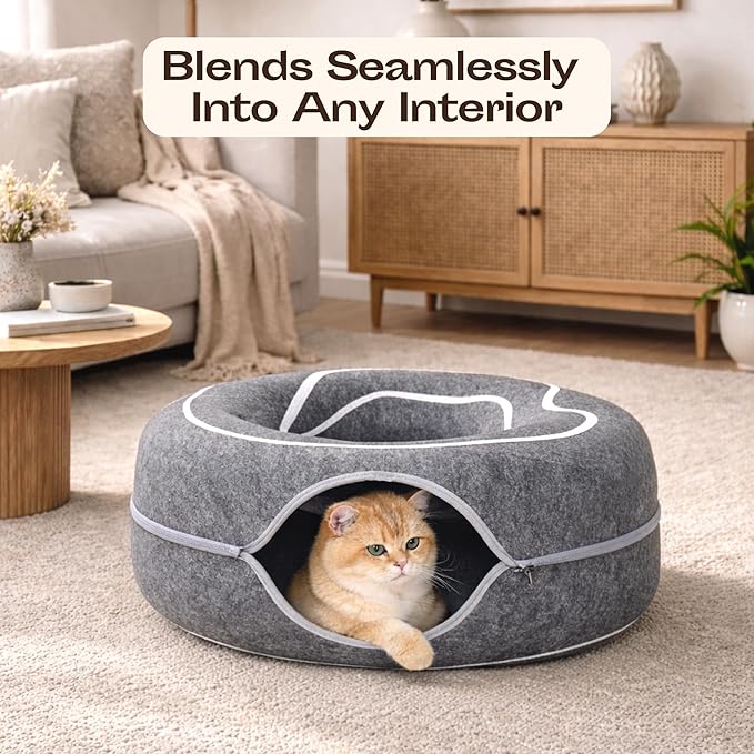 Meowfia Scratch-Resistant Felt Cat Cave – Donut Tunnel Bed Enclosure for Indoor Cats – Multi-Cat Hideaway in Cute Patterns (Light Grey)