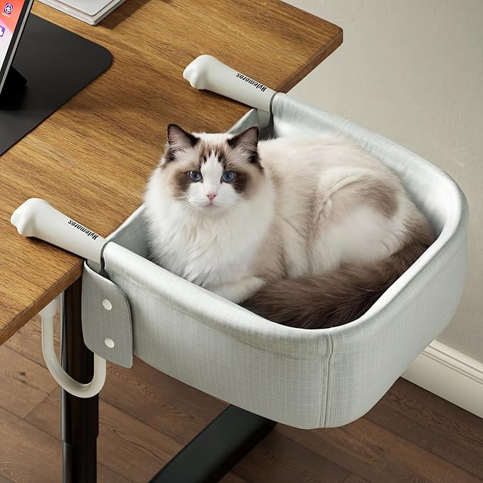 Cat Desk Bed for Large Cats 50 lbs Heavy Duty Cat Bed for Desk Attachment with Paw Design Extra-Sturdy Dog Chair Dual-Sided Mat Waterproof Easy Assembly for Gaming Desk Kitchen Island White