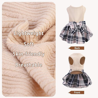 PUPTECK Classic Plaid Dog Dress Pet Apparel with Cute Bowtie Puppy Clothes Outfit,Cream,M