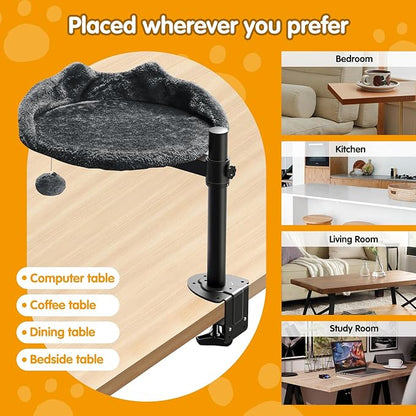 Cat Desk Bed with Adjustable Steel Frame - Faux Fur Fabric Elevated Bed for Indoor - Multi-Functional Pet Cats Mount,Furniture,Perch,Shelf,Raised,Stand-Supports up to 40lbs