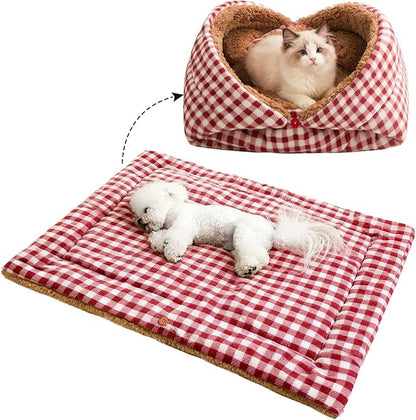 Jiupety Cat Bed for Indoor Self Warming Cat Bed Mat Ultra-Soft Plaid Dog Beds Machine Washable Pet Bed,Multifunction Folding Pet Blanket for Small Dogs and Cats Red,30X23In
