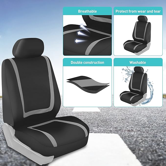 FH Group Car Seat Covers Front Set in Cloth for Low Back Car Seats with Removable Headrest, Universal Fit, Automotive Washable for SUV, Sedan, Van Gray