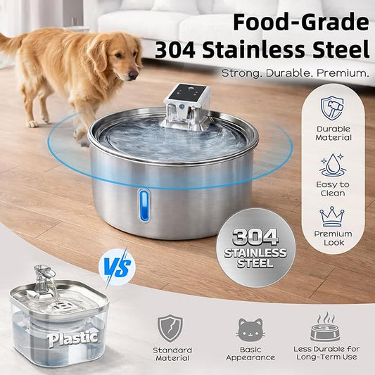 7L Stainless Steel Pet Water Fountain, Cordless Battery Powered for Cats & Dogs, Quiet Flow Automatic Dispenser with 4 Filters Included