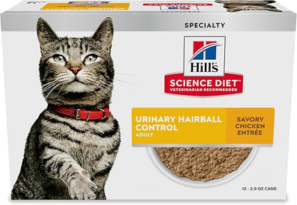 Hill's Science Diet Adult Urinary & Hairball Control Wet Cat Food, Chicken Minced, 2.9 oz. Cans, 12-Pack
