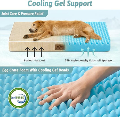 COZY KISS Cooling Dog Bed for Crate, Waterproof Orthopedic Dog Crate Mat with Removable Washable Cover, Egg Crate Foam Support Dog Bed, 36x27x3 Inch,Beige