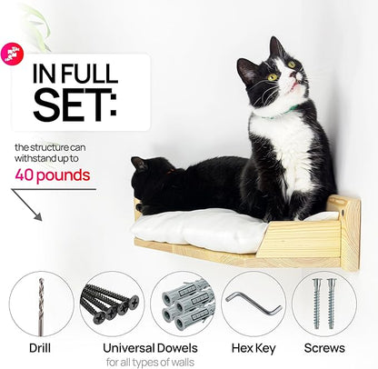 Cat Bed, Wall-Mounted Wooden Corner, Wall Furniture, Cat Corner Wall Shelf Bed with Cushion, Easy to Install (Black, Pillow Color White)