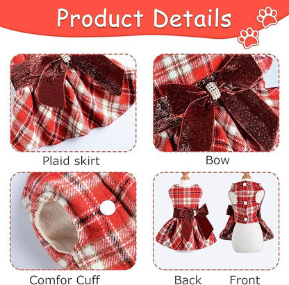 Yikeyo Dog Sweater Dress,Dog Dresses for Small Dogs Girl Fleece Lining Warm Winter Dress Sequins Bow Knot Plaid Clothes Pet Coats Cat and Puppy Holiday Outfit Costume XS, Red