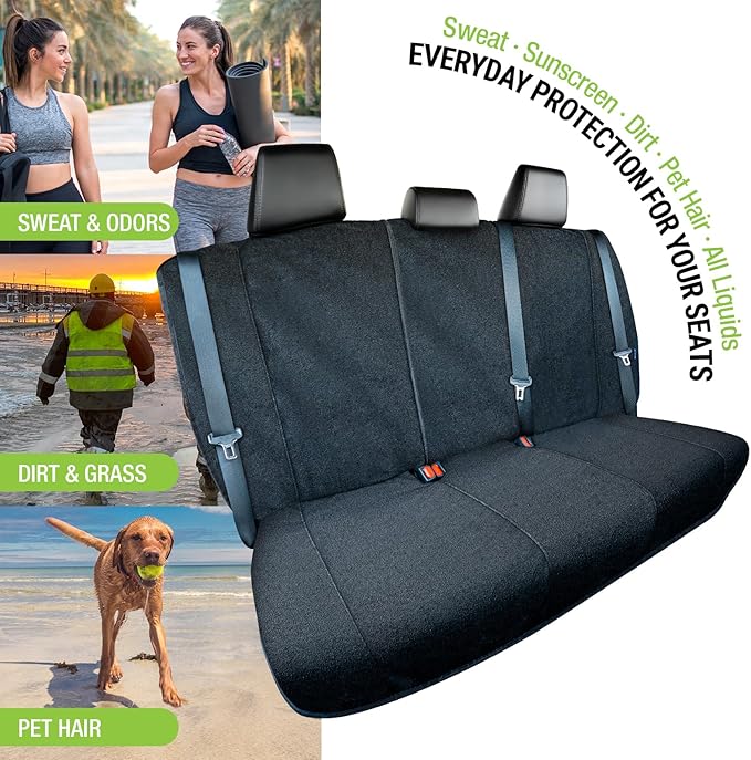 Season Guard Back Seat Towel Seat Cover for Cars; Great for After Gym Workouts, Dogs, and Outdoor Activities; Universal Fit for Cars SUVs Vans Trucks, EZ fit, Non Slip Grip, Black