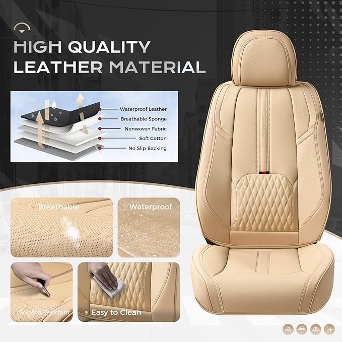 Coverado Seat Covers for Cars, 5 Seat Waterproof Seat Cover with Lumbar Support, Front and Rear Seat Covers, Luxury Leather Car Seat Protectors, Car Seat Cushions Universal Fit for Most Cars (Beige)