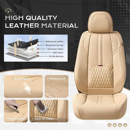 Coverado Seat Covers for Cars, 5 Seat Waterproof Seat Cover with Lumbar Support, Front and Rear Seat Covers, Luxury Leather Car Seat Protectors, Car Seat Cushions Universal Fit for Most Cars (Beige)