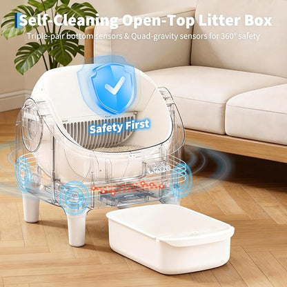 Self Cleaning Litter Box, Automatic Cat Litter Box with APP Control, Odor-Free Waste Disposal Includes Trash Bags, Large Waste Bin, Open-Top Automatic Litter Box for Multiple Cats, White