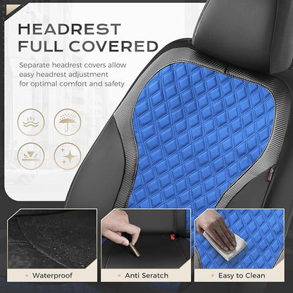 Coverado Seat Covers Full Set, Luxury Diamond Leather Car Seat Cover with Carbon Fiber Textured Design, Waterproof Car Seat Protector, Black&Blue Front and Rear Seat Covers Universal Fit Most Cars