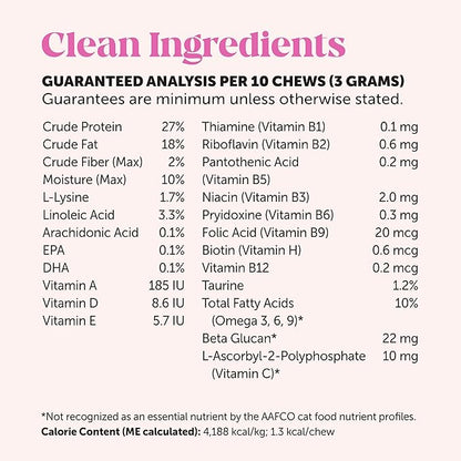Cat Multivitamin Chews - Cat Treats for Health + Immune, Joint Support, Skin & Coat, and Digestion - Omega 3s, Lysine & Probiotics for Cats, Vitamins for Cats - Chicken (90-Day Supply)