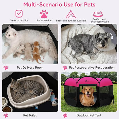 Siedihit Dog Cat Playpen, Large Puppy Pet Playpen, Dog Crate Tent Cage Indoor/Outdoor, Portable Pop Up Dogs Kennel Playpen with Carrying Case for Dogs/Cats/Rabbits, Hot Pink