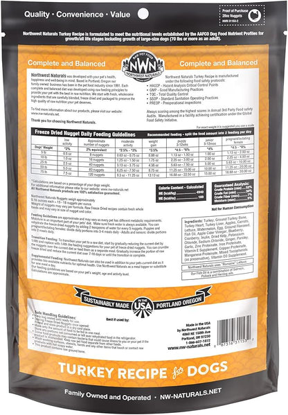 Northwest Naturals Freeze-Dried Turkey Dog Food - Bite-Sized Nuggets - Grain-Free, High-Protein, Raw Diet, Human-Grade, Limited Ingredients, All Natural, Made in the USA, Healthy & Nutritious - 25 Oz