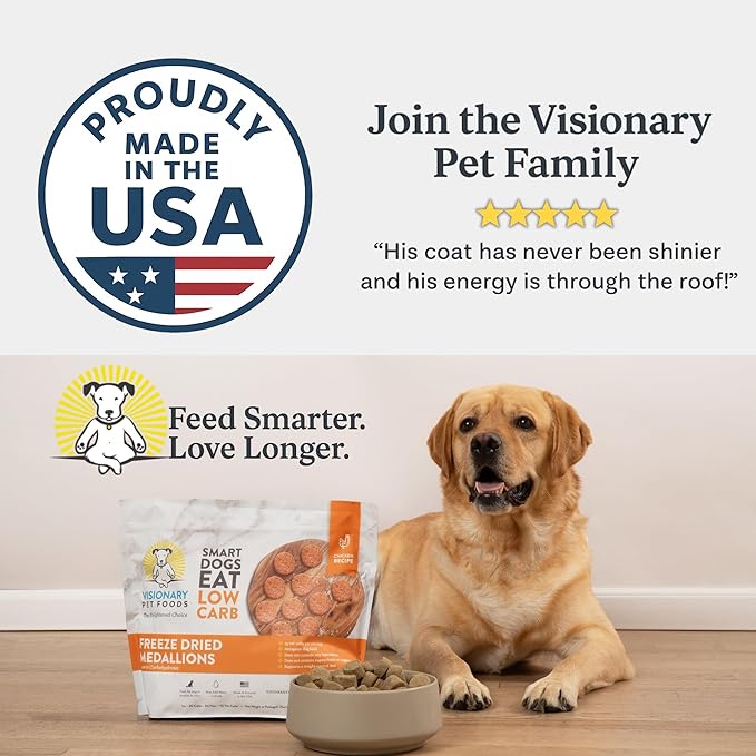 Visionary Pet Foods Freeze Dried Raw Dog Food, Topper & Meal Mixer – Real Chicken | KetoPet Research Formula | Less Than 1g Net Carbs | Ketogenic | Grain Free High Protein | Made in USA | 25oz