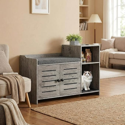 Cat Litter Box Enclosures, Large Hidden Cat Litter Box Furniture with Double Door, Wooden End Table Litter Box Cabinet with Storage Shelf, Cushion & Litter Mat, Dog Proof Design, Modern Cat House