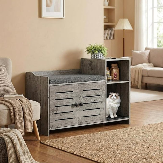 Cat Litter Box Enclosures, Large Hidden Cat Litter Box Furniture with Double Door, Wooden End Table Litter Box Cabinet with Storage Shelf, Cushion & Litter Mat, Dog Proof Design, Modern Cat House