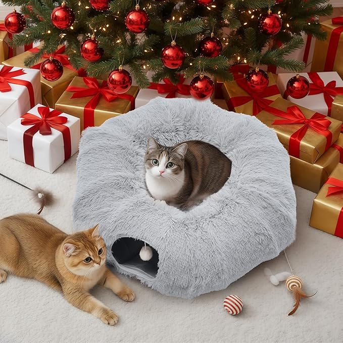 DUMOS Cat Tunnel Bed for Indoor Cats Cave Donut Play Tunnel with Soft Plush Peekaboo, Circle Cushion, Washable Multifunctional Playground Under Tree Pet Toys for Kittens, Puppy Rabbit, Ferret - Grey