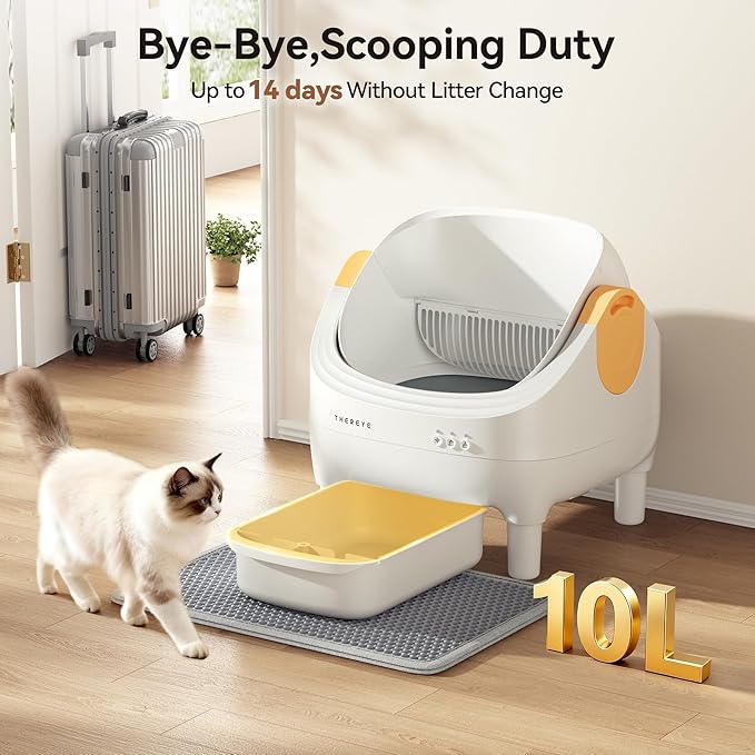 Thereye Automatic Litter Box, Open-Top Self Cleaning Litter Box with APP Control, Safety Sensors and 10L Large Waste Bin, Smart Auto Litter Box with 2 Roll Trash Bags, Mat for Multiple Cats