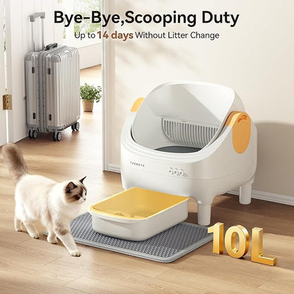 Thereye Automatic Litter Box, Open-Top Self Cleaning Litter Box with APP Control, Safety Sensors and 10L Large Waste Bin, Smart Auto Litter Box with 2 Roll Trash Bags, Mat for Multiple Cats