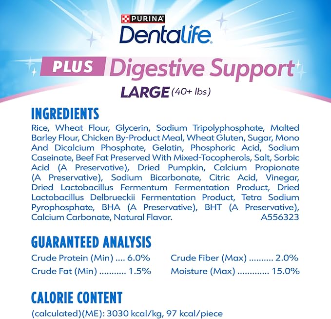 DentaLife Plus Digestive Support Dog Treats for Large Dogs 40 lbs. and up, Cleans Teeth, Freshens Breath, & Supports Healthy Gut, Chicken & Pumpkin Flavor, 22.6 oz., 19 Chews - 19 ct. Pouch