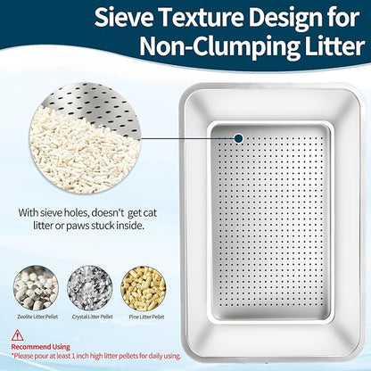 Stainless Steel Cat Litter Box, 23.6" L x 15.7" W x 12" H Extra Large XXL Semi Enclosed Removable Metal Litter Box with High Sided Enclosure, Scoop, Non-Sticky, Easy Cleaning