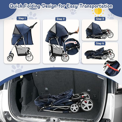 4 Wheels Dog Stroller, Foldable Pet Stroller for Small/Medium Dogs Cats, Cat Carrier with Storage Basket and Cup Holder, Pet Car Seat with Soft Pad, Navy Blue