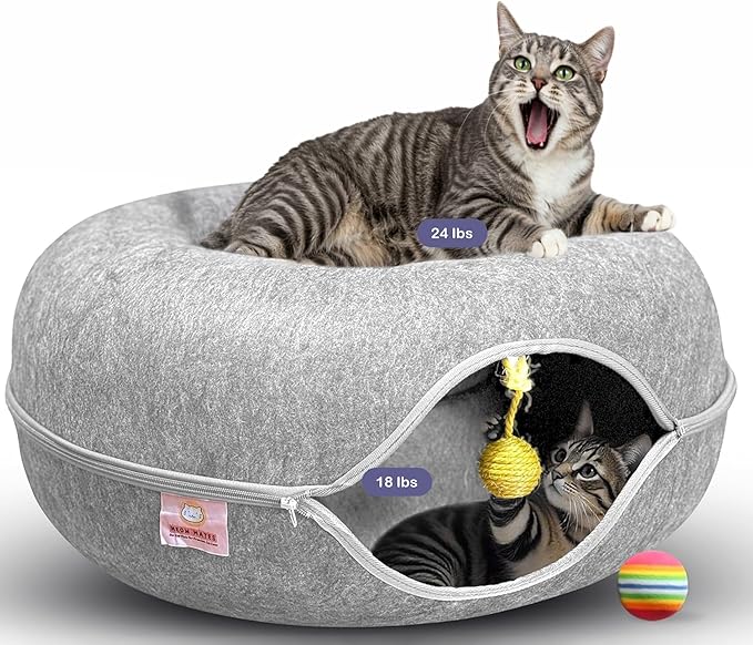 MEOWMATES Peekaboo Cat Tunnel Bed with Hanging Ball Toy – Large Cat Tunnels for Indoor Cats up to 30lbs – Round Cat's cave Bed with Scratch-Resistant, Easy to Wash & Cozy Design (24x24x11)