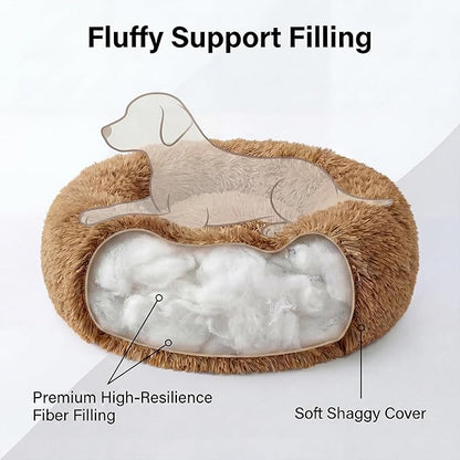 Tiny Dog Bed 15 Inch for Extra Small Dogs,Washable Puppy Bed,Soft Faux Fur Calming Donut Bed for Chihuahua Yorkie Maltese Pomeranian,Brown