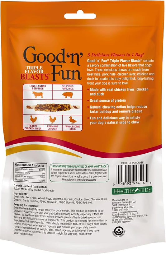 GOOD 'N' FUN Triple Flavor Blasts for All Dogs, 4 Ounces, Treat Your Dog to Long-Lasting Chews Made with Chicken Liver, Chicken & Duck