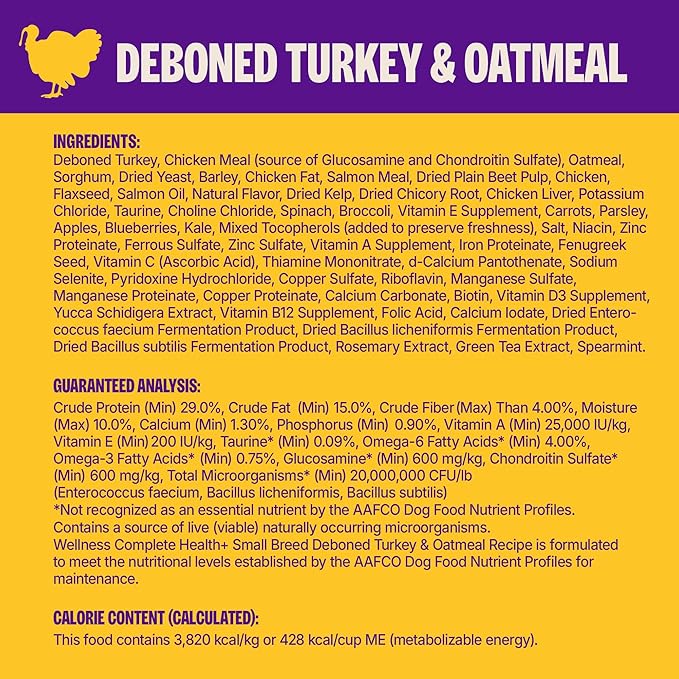 Wellness Complete Health+ Small Breed Adult Dry Dog Food with Freeze Dried Wellbites, Wholesome Grain Kibble+, Natural, Turkey and Oatmeal Recipe, 3.75 lb Bag