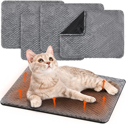 Drydiet 4 Pcs Self Heating Cat Pad Self Warming Cat Bed Dog Heating Pad Washable Thermal Pet Mat for Indoor Outdoor Pet 16 x 20 Inch Removable Non Slip(Gray)
