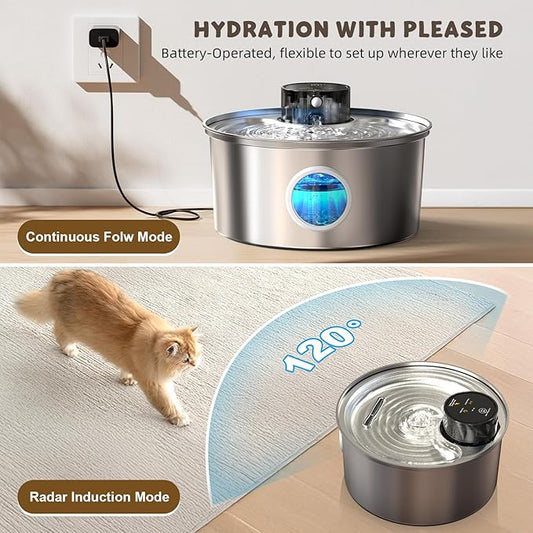 Casfuy PWL-003 Smart Motion Sensor Cordless Stainless Steel Dog & Cat Water Fountain, 108-oz