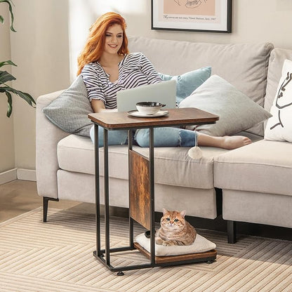 Giantex Cat Scratcher Side Table, C-Shaped End Table with Cat Scratching Board, Washable Cushion, Jingling Ball, Metal Frame, Couch Table Cat Tree Tower for Living Room Bedroom, Rustic Brown