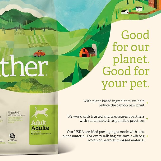 Dog food package with a scenic design and text about sustainability.