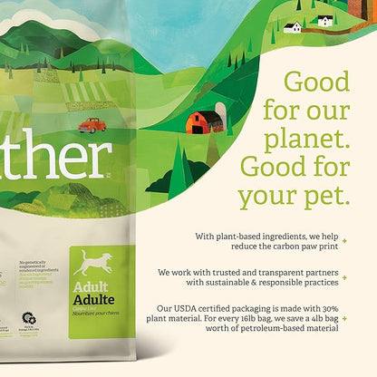 Dog food package with a scenic design and text about sustainability.
