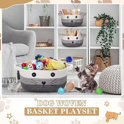 Zopeal 58 Pcs Easter Cat Storage Basket Gift Toys Set, Colorful Flashing Balls Pet Bell Crinkle Balls Spring Toys Attract Cat to Swat, Hunt, Interactive for Pet(Multicolor,9.8 Inch)