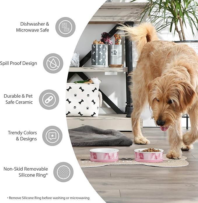 Bone Dry Paw Print Ceramic Pet Bowl, Lattice Collection, Large Set, 7.5x2.4", Gray, 2 Count