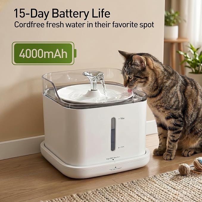 Cat Water Fountain, 2.2L Automatic Pet Water Fountain for Cats and Small Dogs, 2.4GHz WiFi App Control, Rechargeable Motion Sensor, 3 Water Modes, Detachable Tank, White